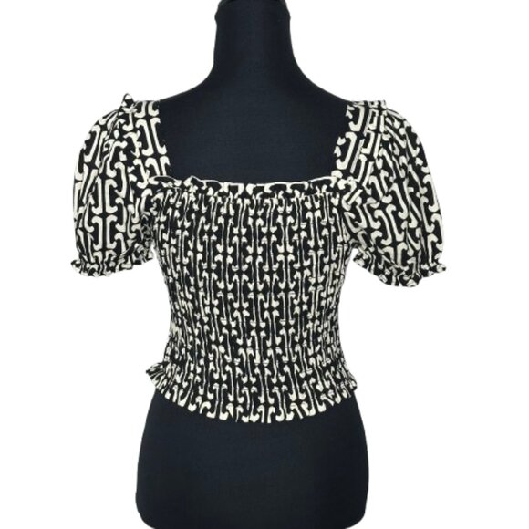 Monteau Linen Blend Smocked Puff Sleeve Crop Top Black Cream Size Small - Picture 2 of 11